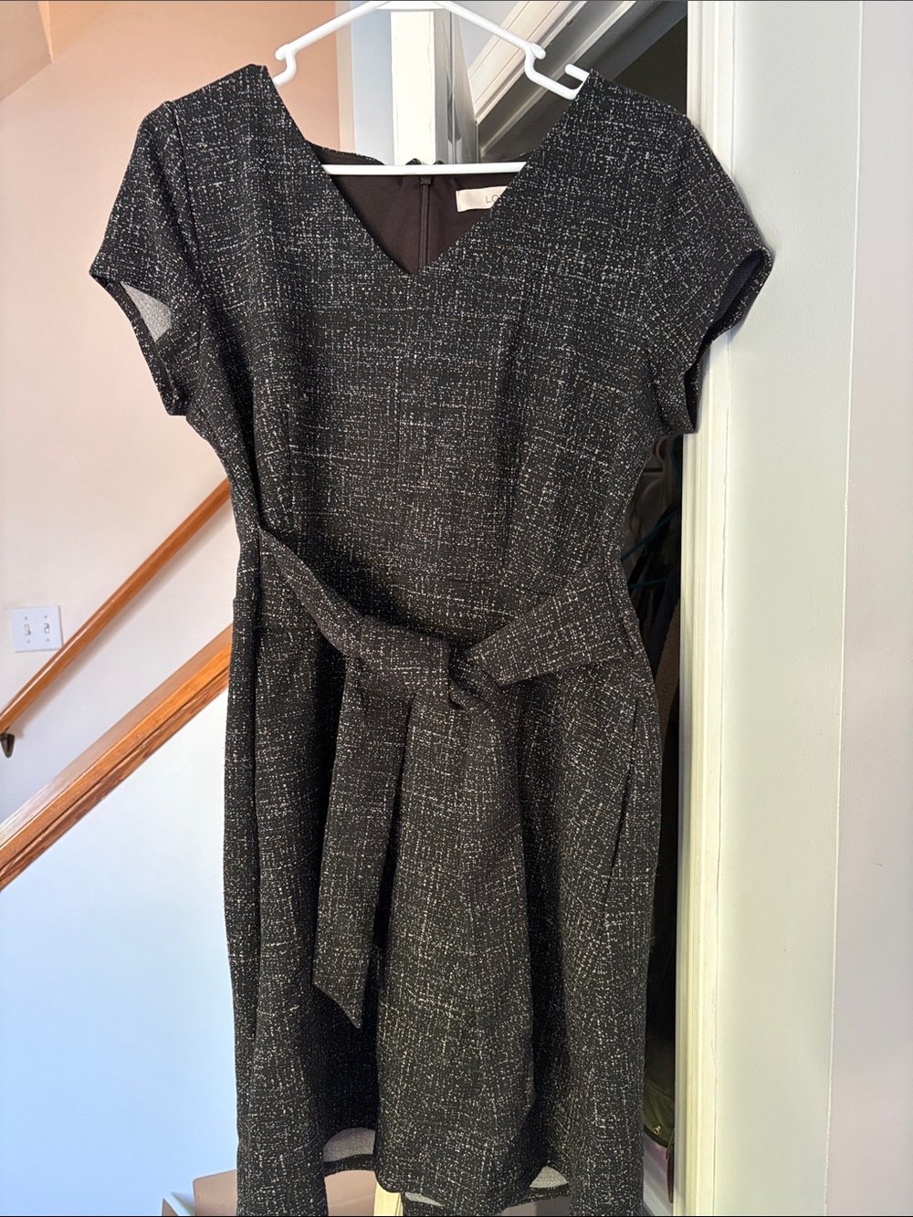 LOFT Textured Tie Waist Dress Size 14 Black White Workwear
